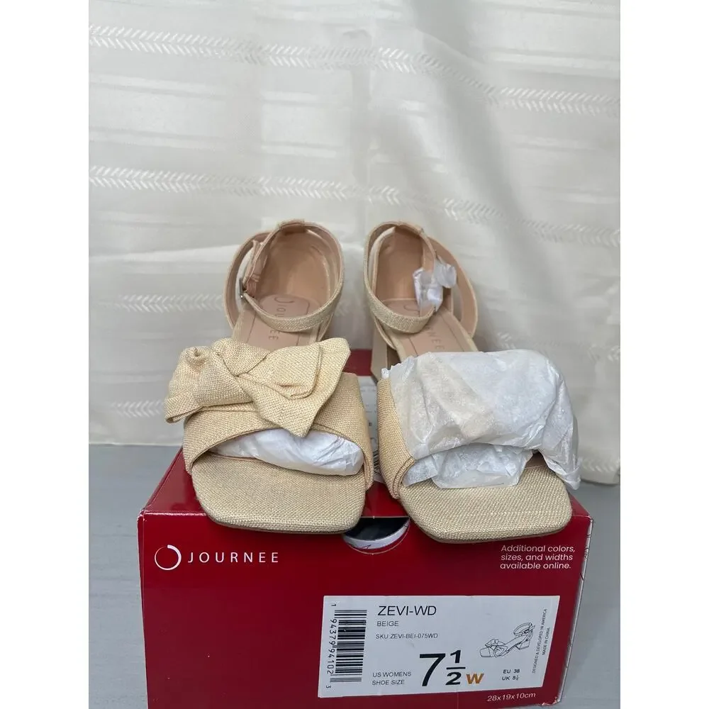 Journee Collection Zevi Linen Block Heel Sandals Beige Size 7.5 Wide